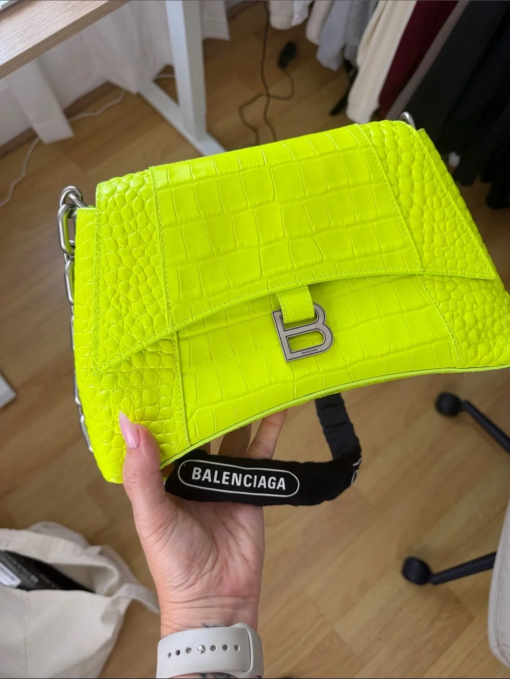 Balenciaga Neon Green Croc-Embossed Letter B Shoulder Bag